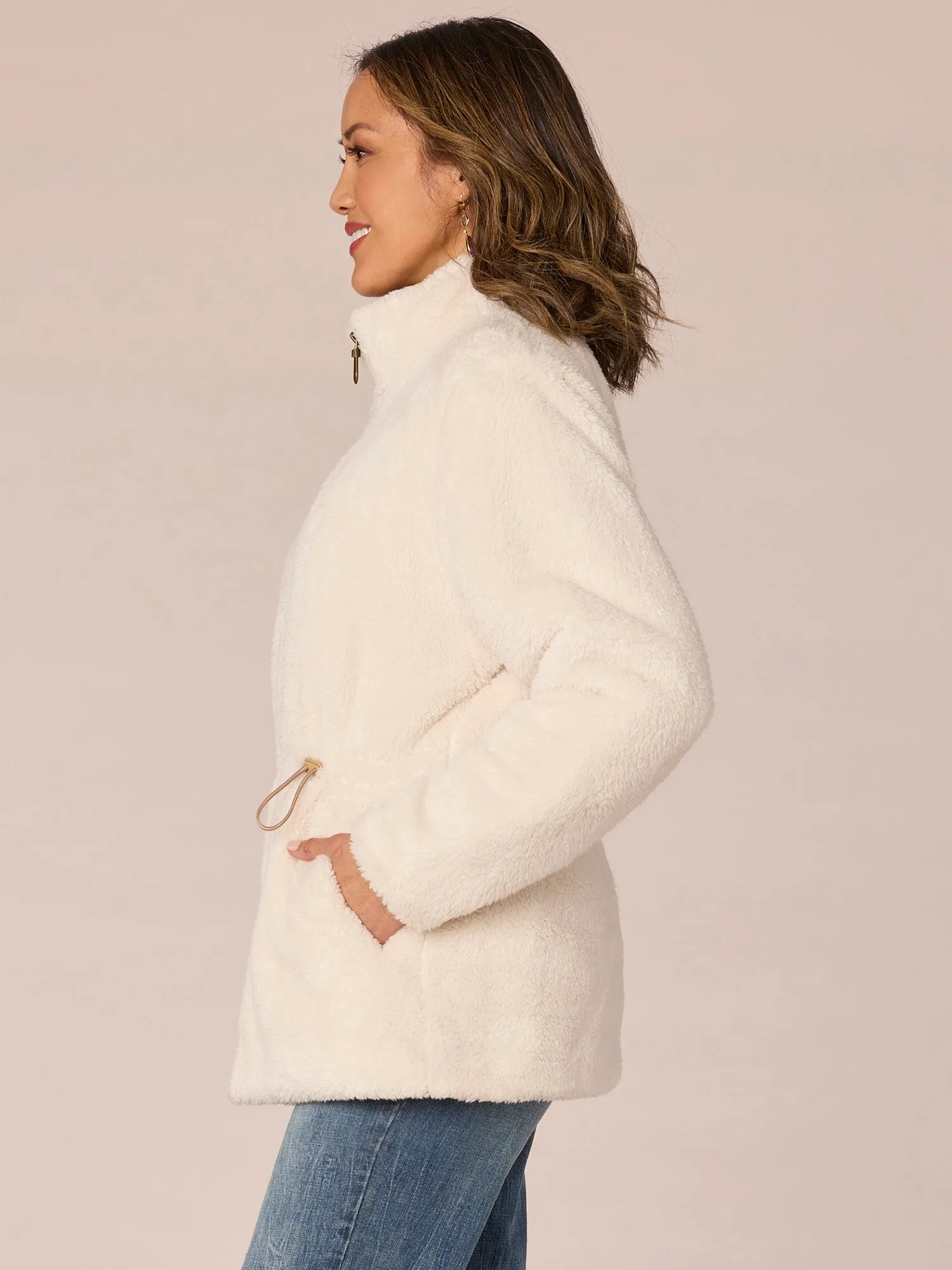 Long Sleeve Stand Collar Zip Front Fur Jacket with Drawstring Waist