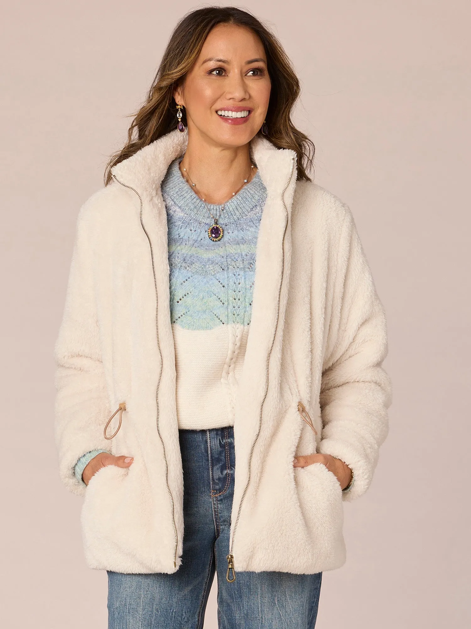 Long Sleeve Stand Collar Zip Front Fur Jacket with Drawstring Waist