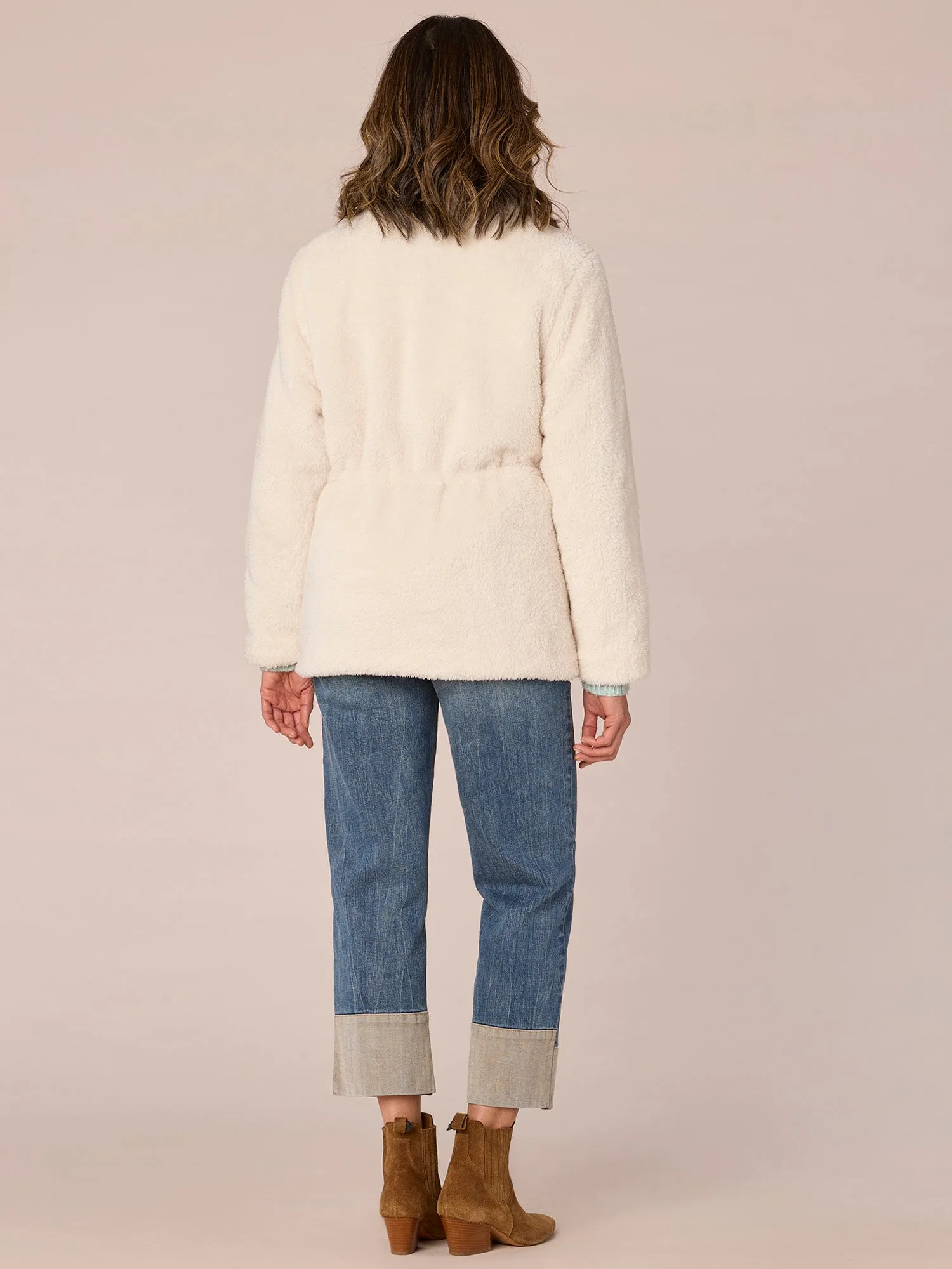 Long Sleeve Stand Collar Zip Front Fur Jacket with Drawstring Waist