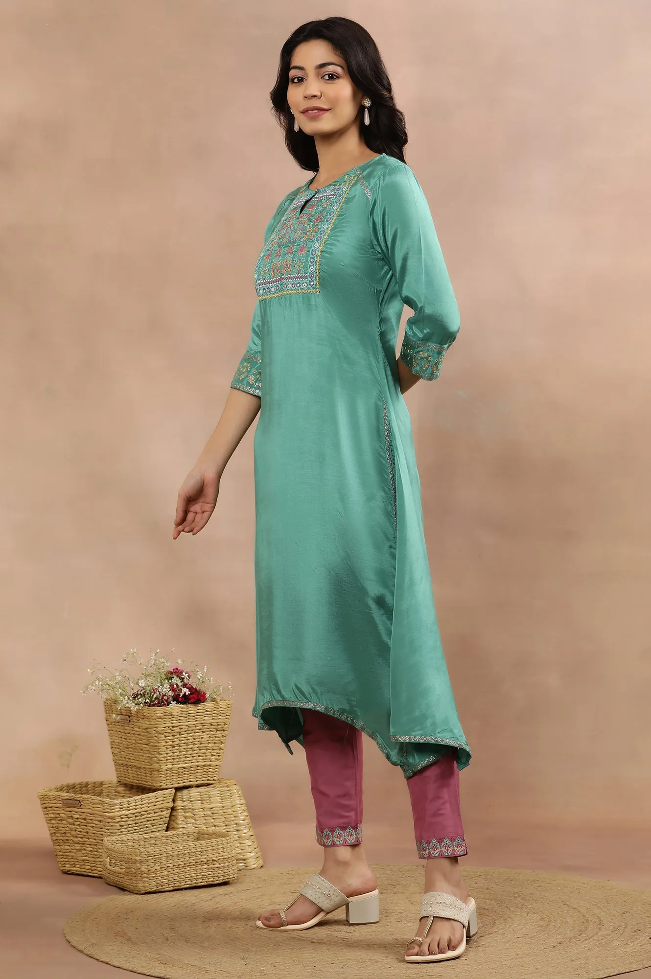 Marine Green Asymmetrical Kurta, Slim Pants And Dupatta Set
