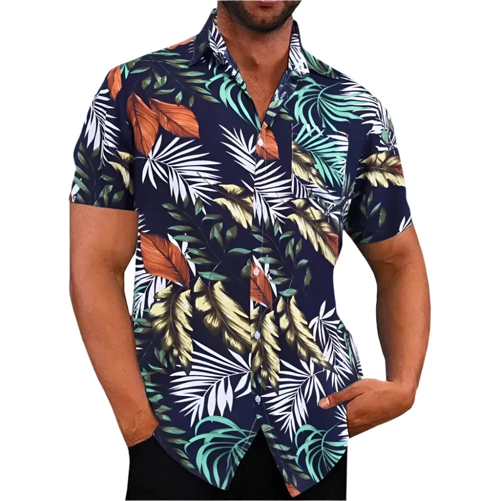 Men's Korean Style Hawaiian Floral T-Shirt – 3D Coconut & Tree Print, Retro Short Sleeve for Summer Beach Vacation