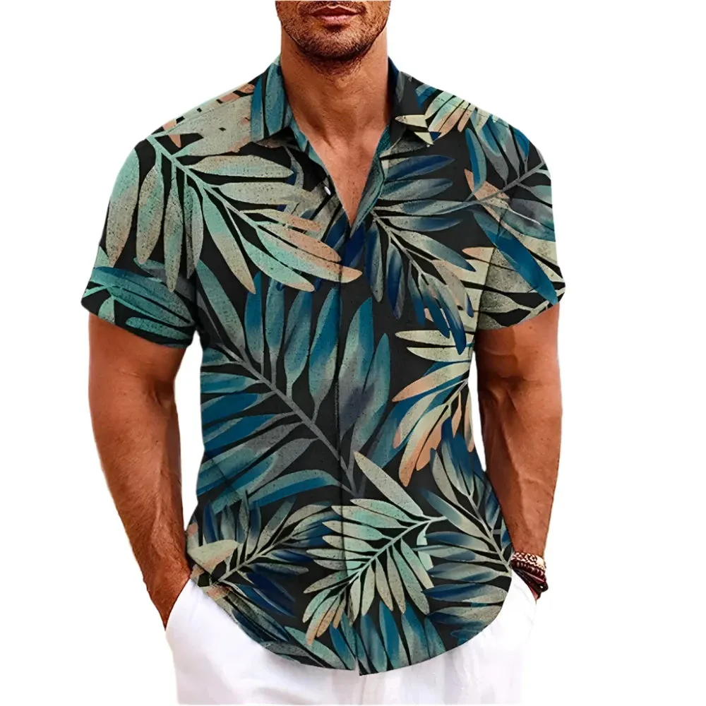 Men's Korean Style Hawaiian Floral T-Shirt – 3D Coconut & Tree Print, Retro Short Sleeve for Summer Beach Vacation