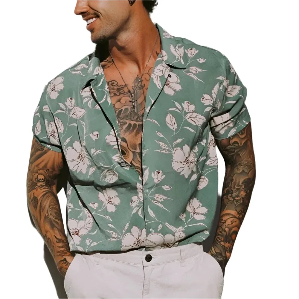 Men's Korean Style Hawaiian Floral T-Shirt – 3D Coconut & Tree Print, Retro Short Sleeve for Summer Beach Vacation