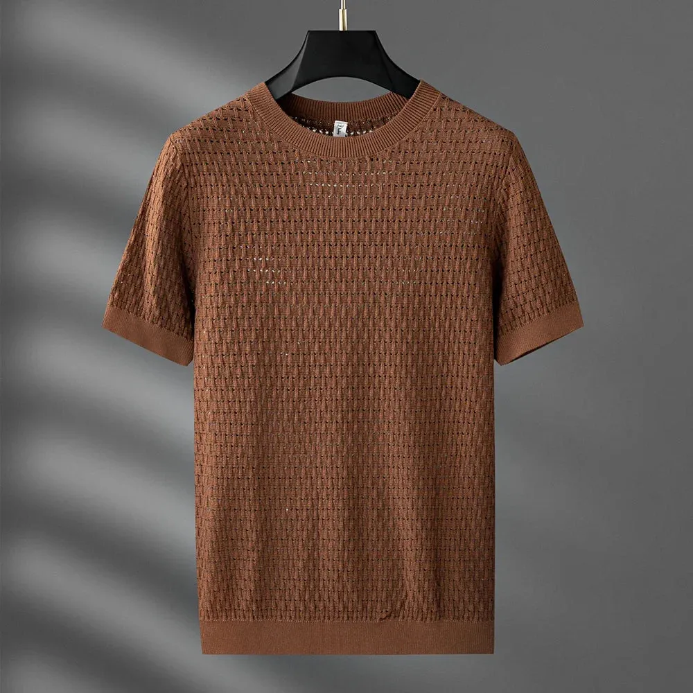 Men's Summer Knitted T-Shirt - Hollow Casual Round Neck Top