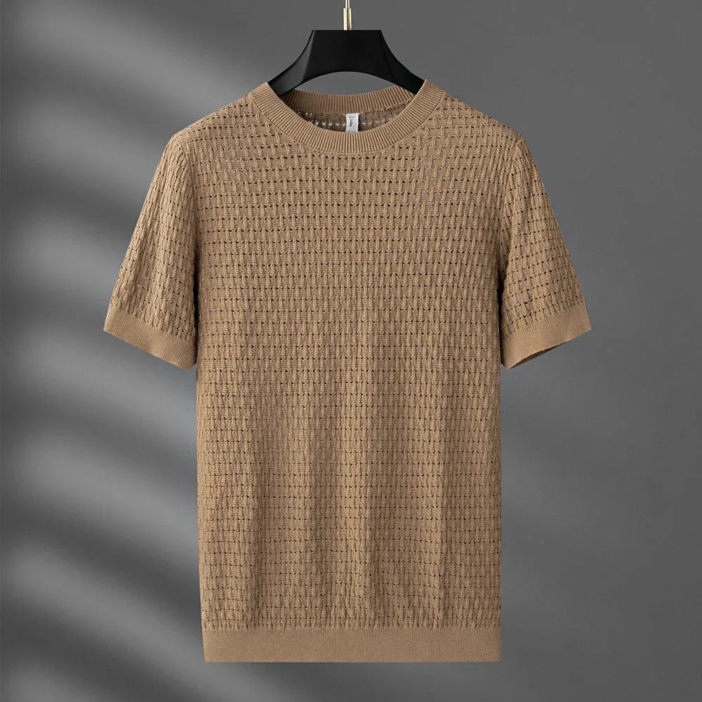 Men's Summer Knitted T-Shirt - Hollow Casual Round Neck Top