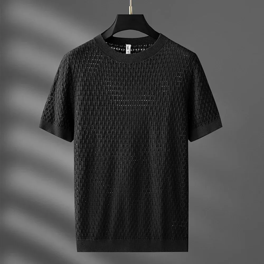 Men's Summer Knitted T-Shirt - Hollow Casual Round Neck Top