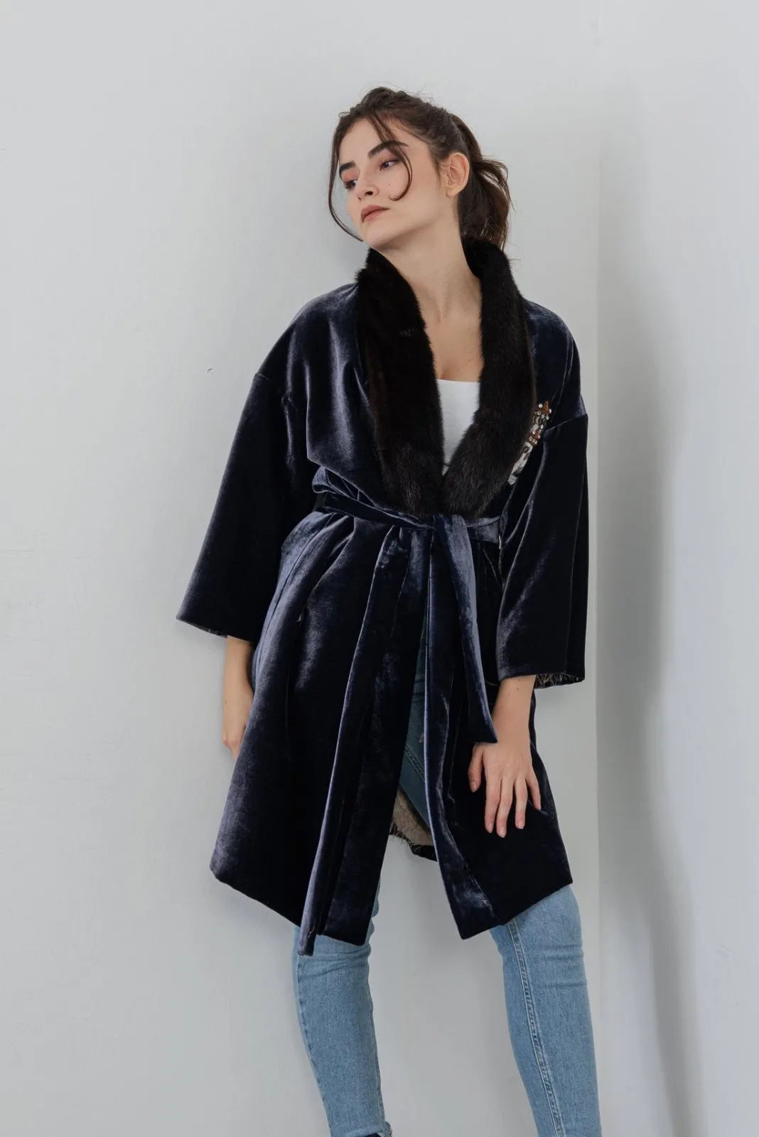 Navy Long Velvet Coat