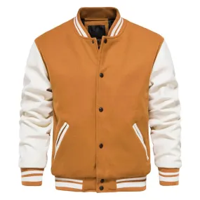 New Varsity Letterman bomber Jacket Camel Wool Body With  Leather Sleeves