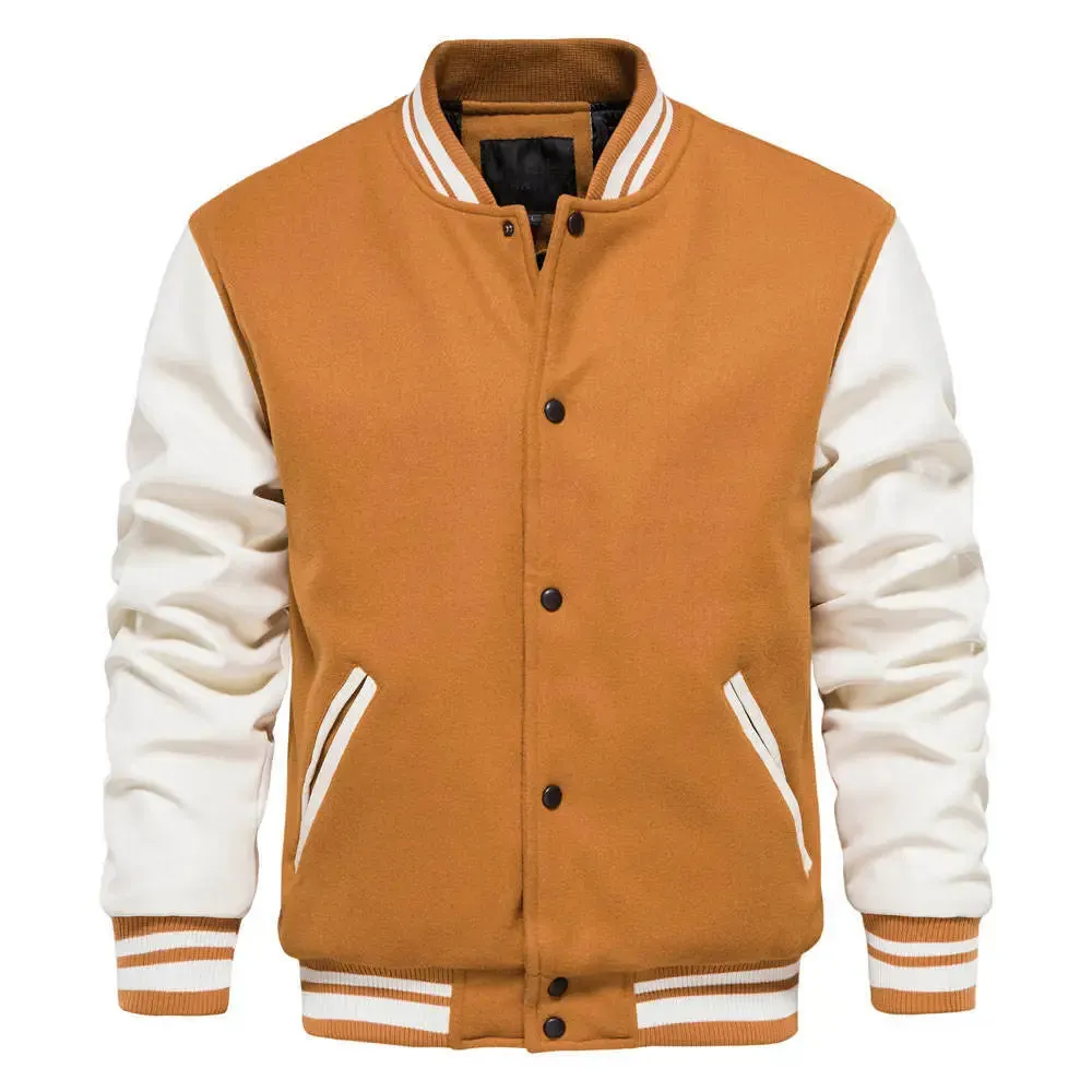 New Varsity Letterman bomber Jacket Camel Wool Body With  Leather Sleeves