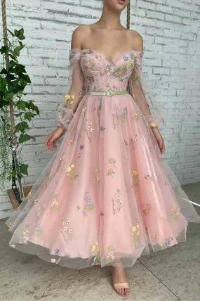 Pink Tulle Lace Short Prom Dress, Long Sleeve Evening Graduation Dress