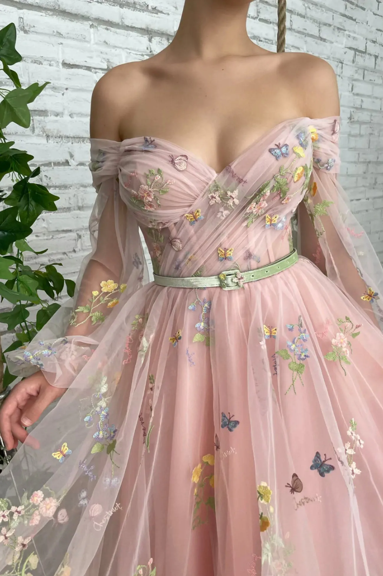 Pink Tulle Lace Short Prom Dress, Long Sleeve Evening Graduation Dress