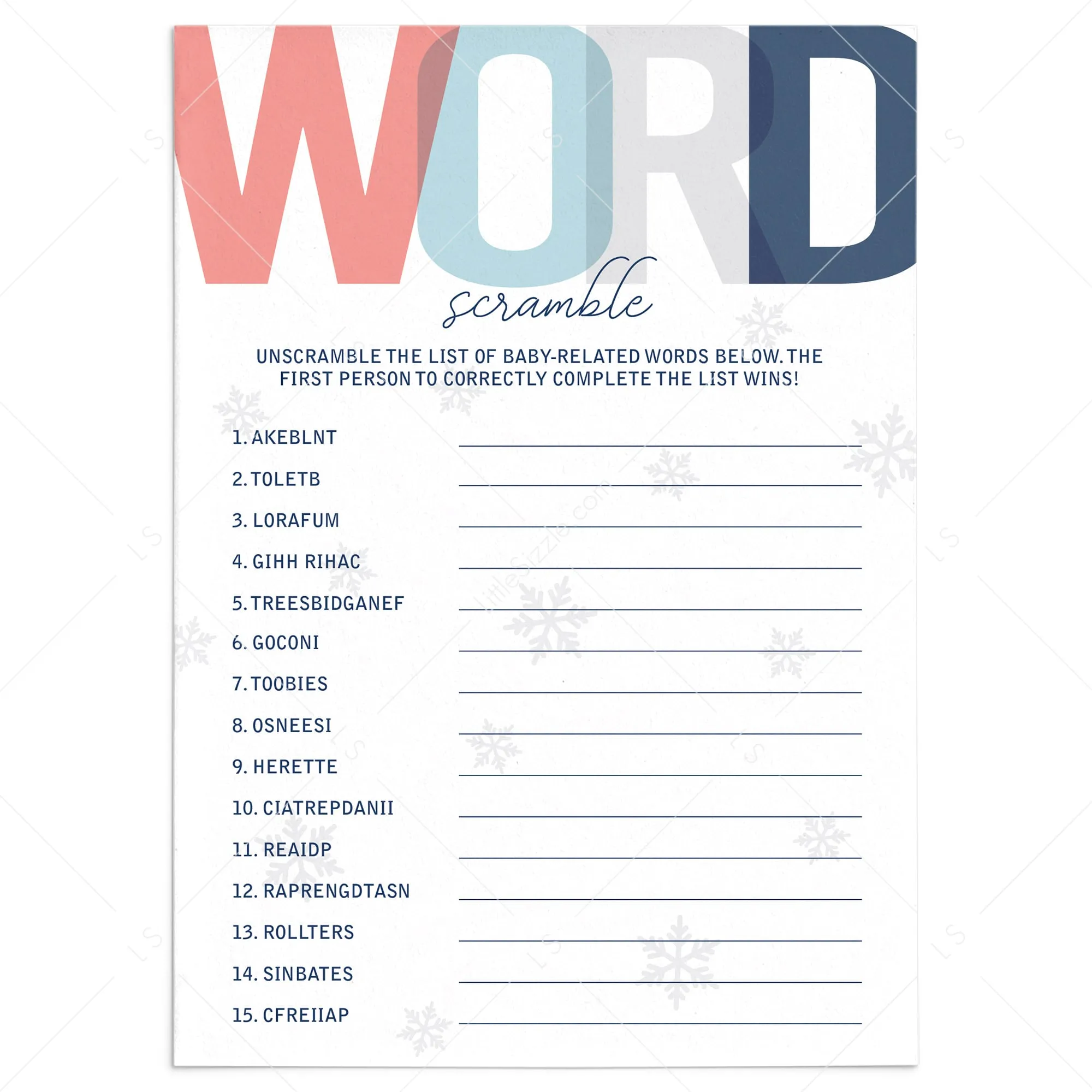 Printable Baby Word Scramble for Winter Baby Shower