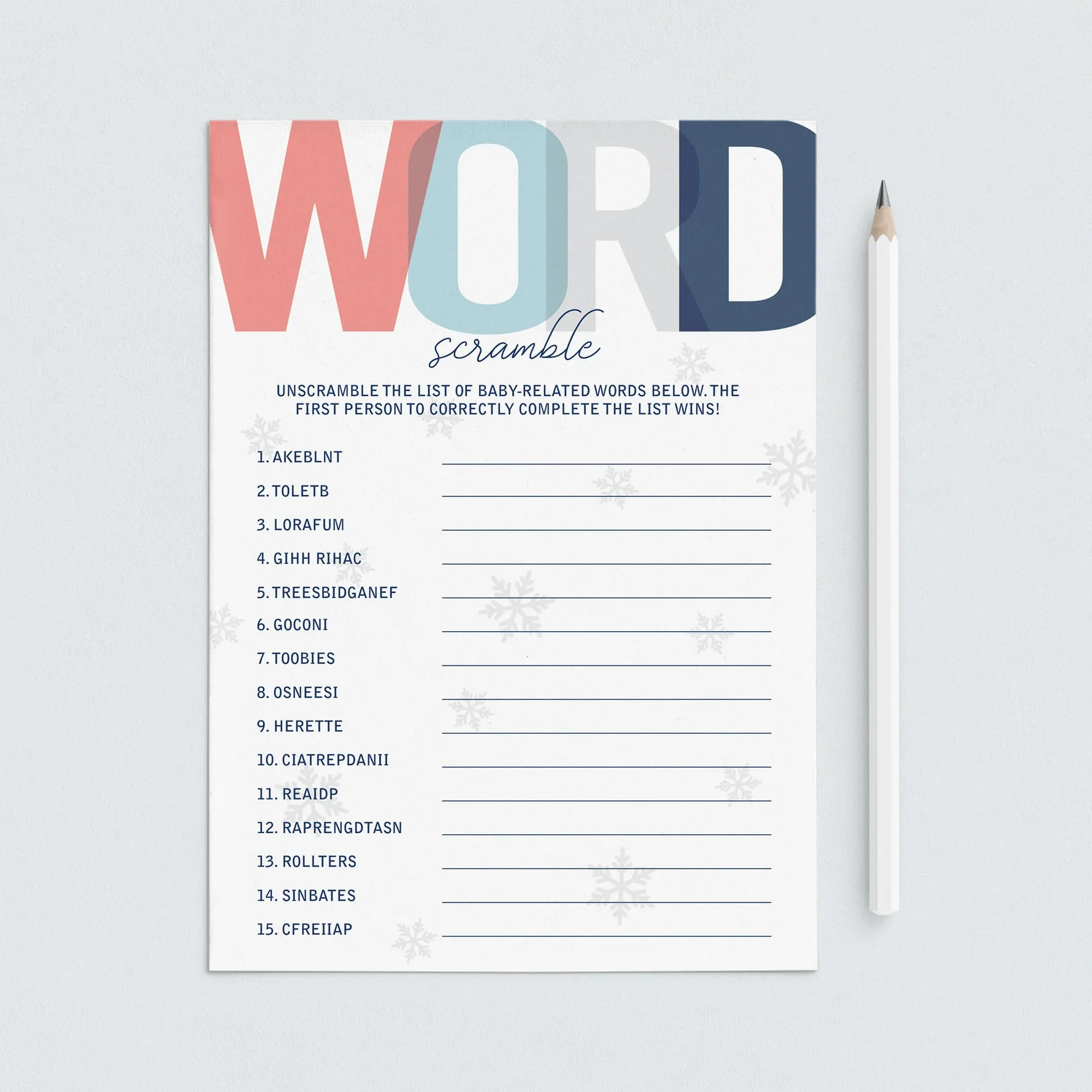 Printable Baby Word Scramble for Winter Baby Shower