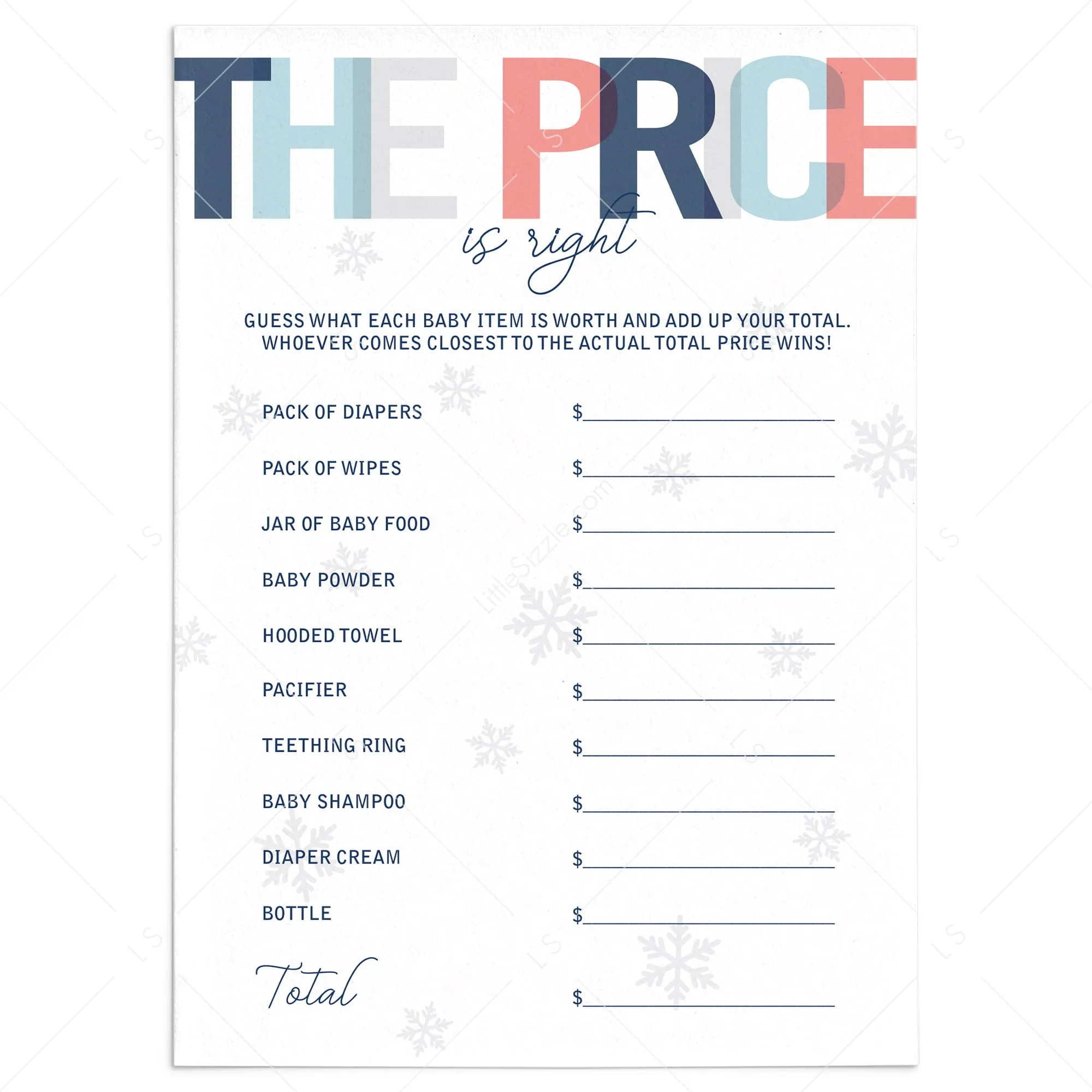 Printable Winter Shower Game The Price is Right