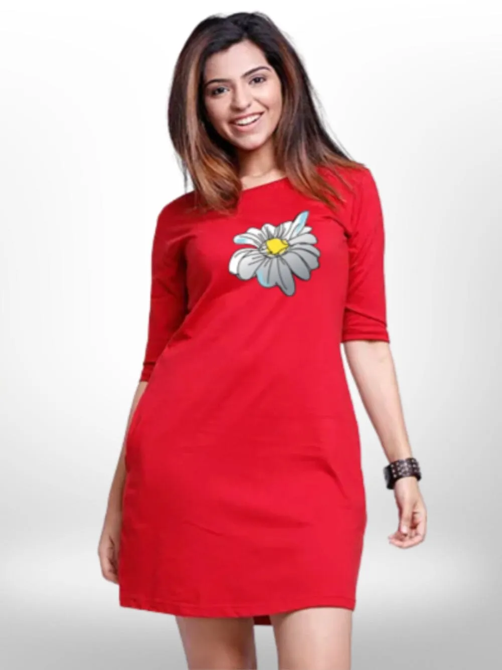PRINTED SUNFLOWER  WOMEN'S THREE QUARTER SLEEVE T-SHIRT SIDE POCKET