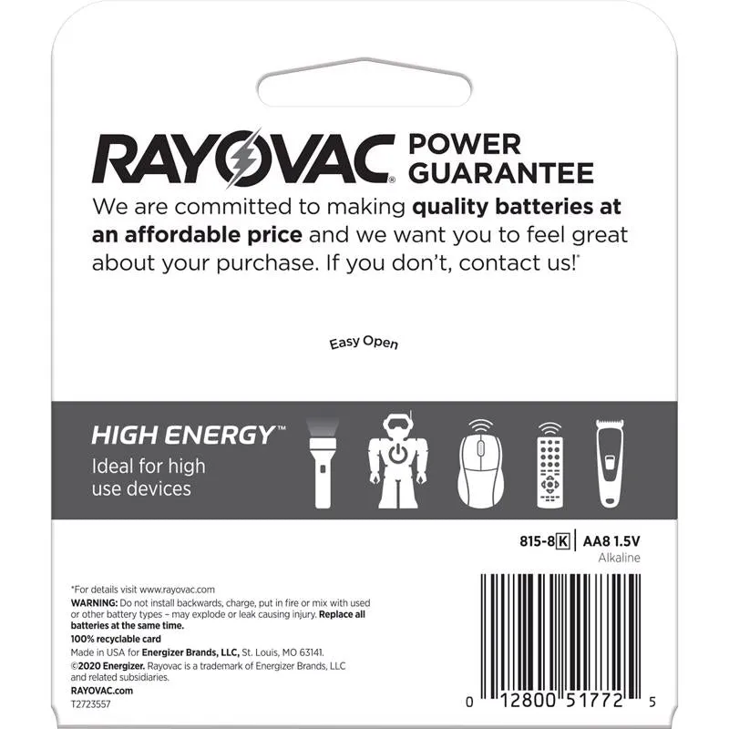 Rayovac High Energy AA Alkaline Batteries 8 pk Carded
