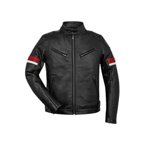 Red and White Striped Cafe Racer Leather Jacket