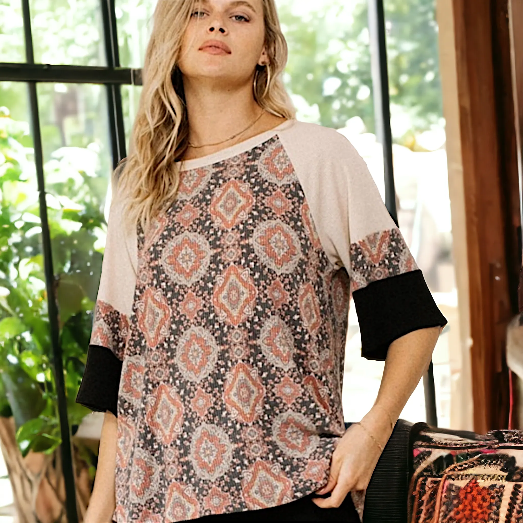 Ribbed Knit Geometric Top