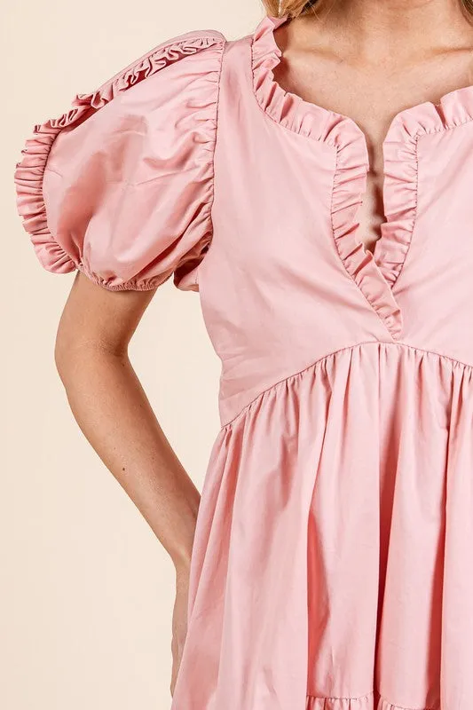 Ruffle Trim Puff Sleeve Tiered Babydoll Midi Dress in Blush