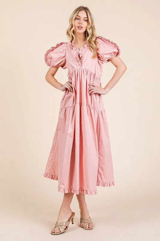 Ruffle Trim Puff Sleeve Tiered Babydoll Midi Dress in Blush