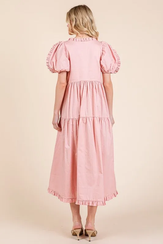 Ruffle Trim Puff Sleeve Tiered Babydoll Midi Dress in Blush