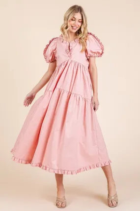 Ruffle Trim Puff Sleeve Tiered Babydoll Midi Dress in Blush