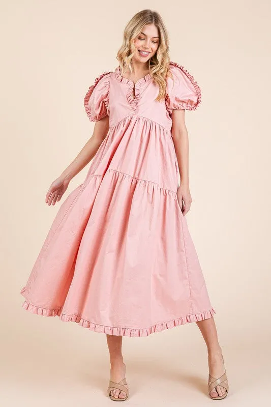Ruffle Trim Puff Sleeve Tiered Babydoll Midi Dress in Blush
