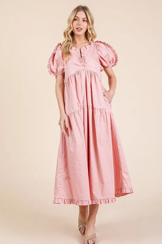 Ruffle Trim Puff Sleeve Tiered Babydoll Midi Dress in Blush