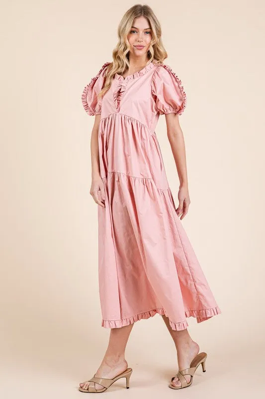 Ruffle Trim Puff Sleeve Tiered Babydoll Midi Dress in Blush