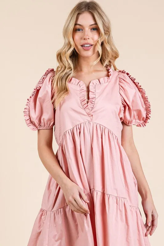 Ruffle Trim Puff Sleeve Tiered Babydoll Midi Dress in Blush