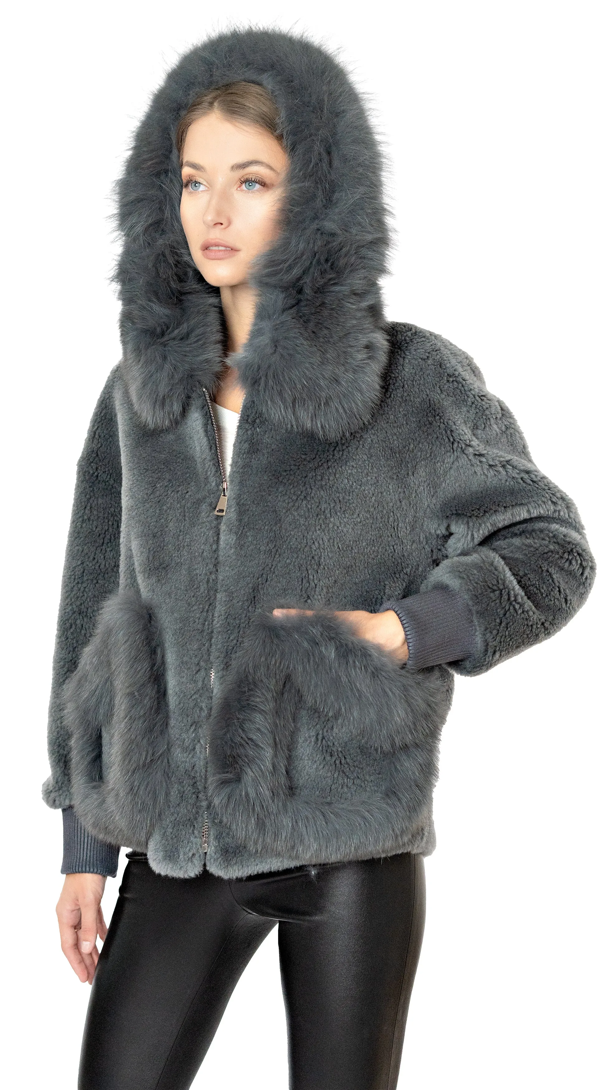 Shearling and Fox Fur Hooded Teddy Coat