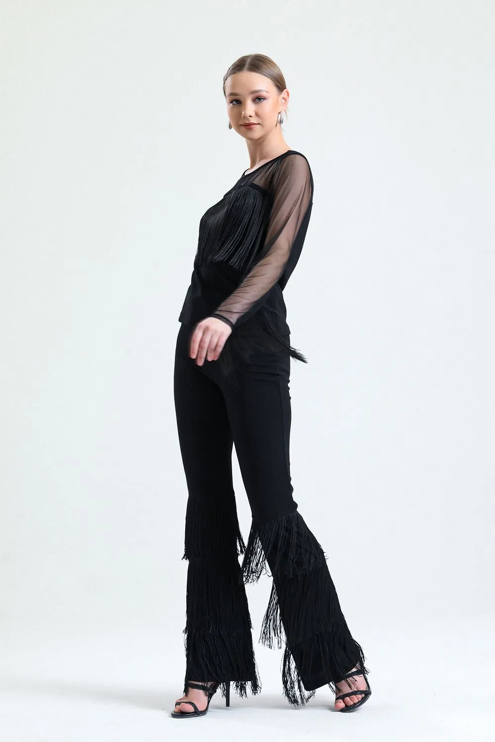 SNS Sense Black Belted Tassel Detailed Scuba Crepe Pants - Minnetonka