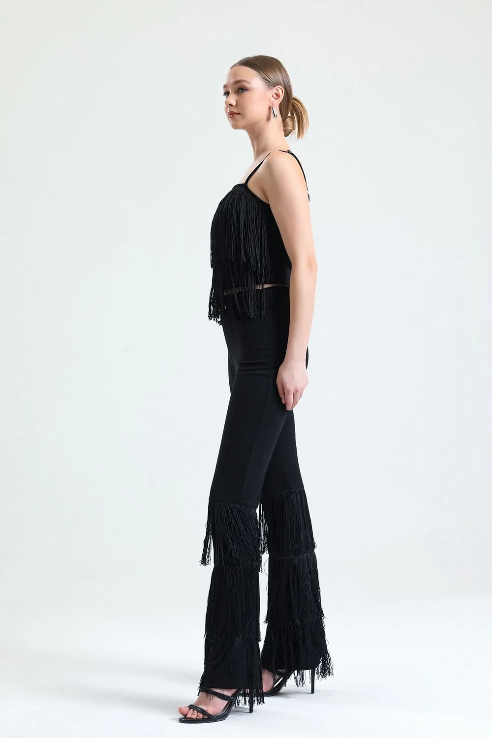 SNS Sense Black Belted Tassel Detailed Scuba Crepe Pants - Minnetonka