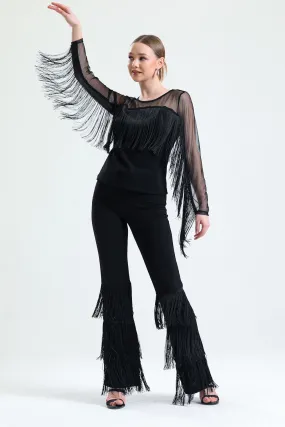 SNS Sense Black Belted Tassel Detailed Scuba Crepe Pants - Minnetonka