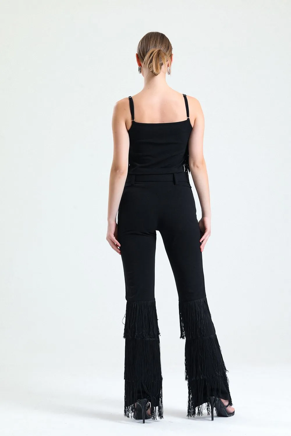 SNS Sense Black Belted Tassel Detailed Scuba Crepe Pants - Minnetonka