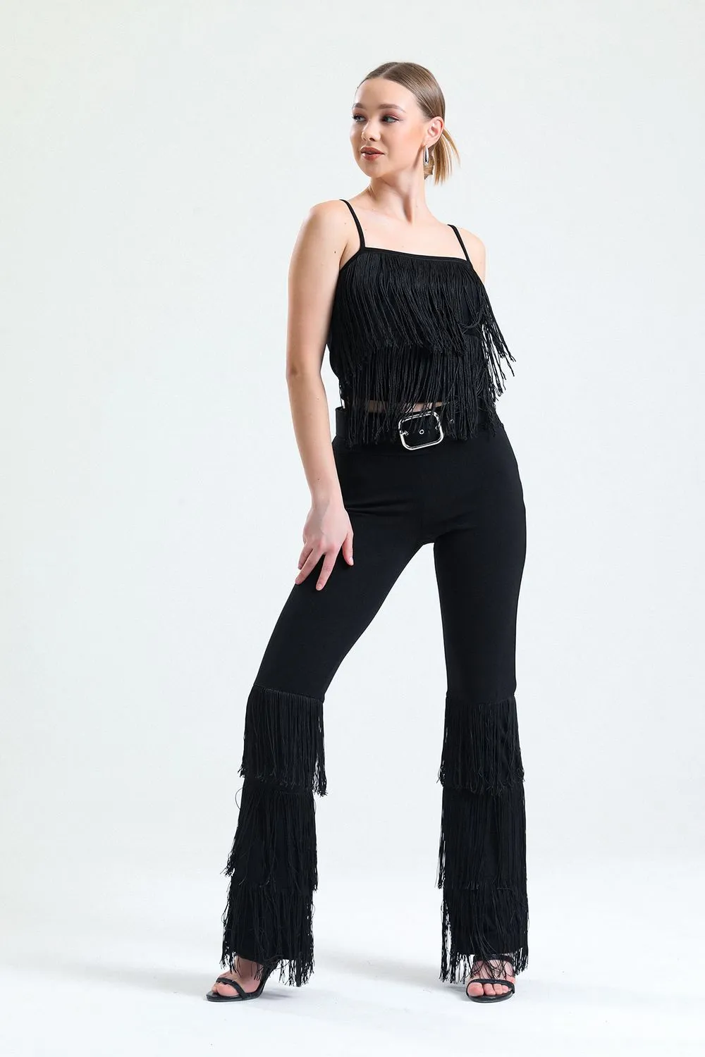 SNS Sense Black Belted Tassel Detailed Scuba Crepe Pants - Minnetonka