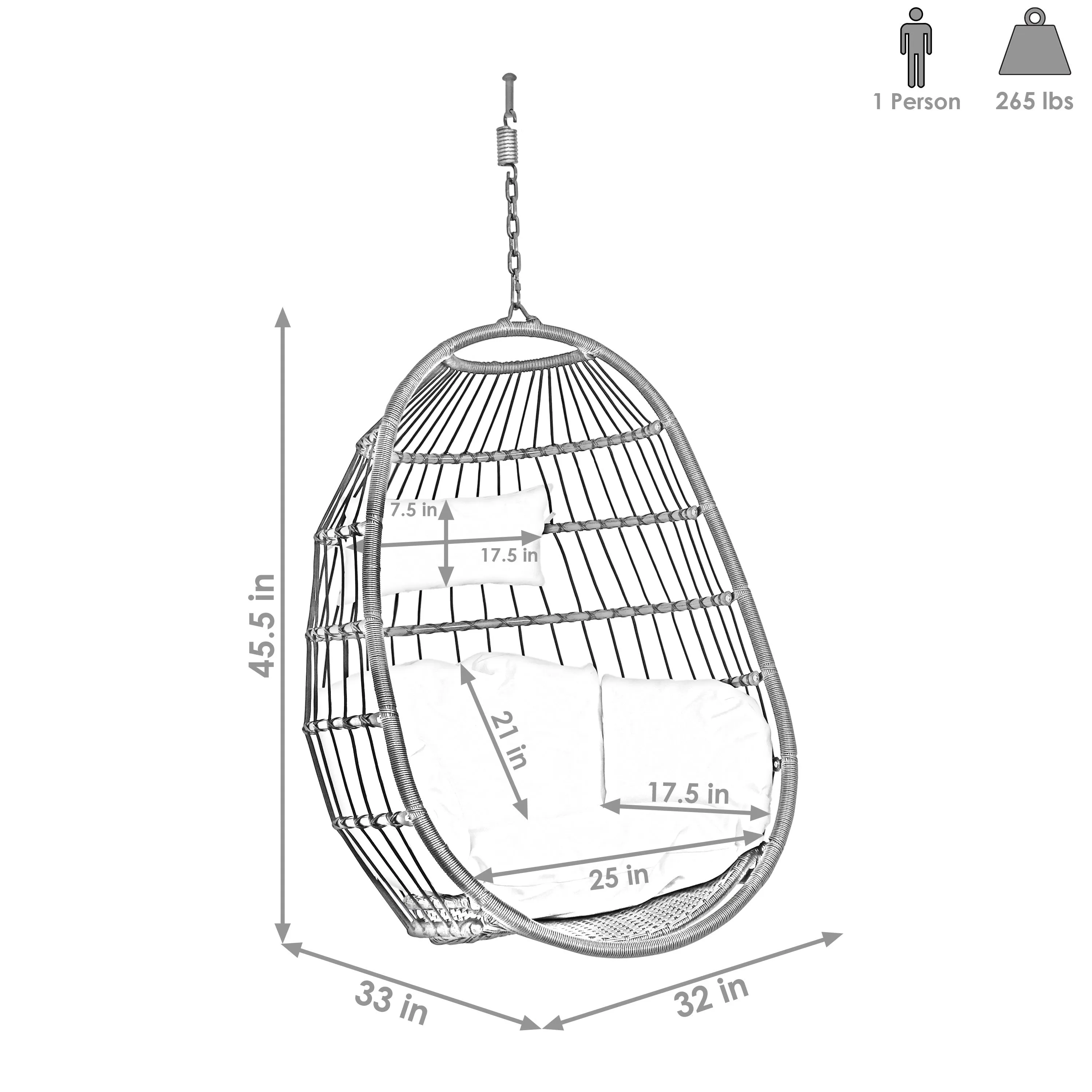 Sunnydaze Penelope Outdoor Hanging Egg Chair with Seat Cushions