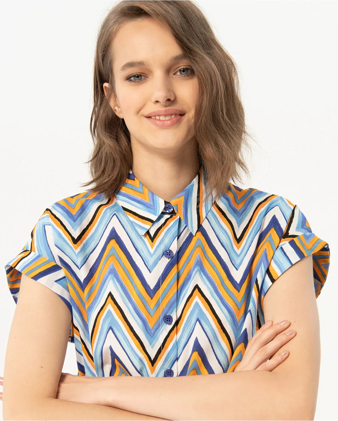 SURKANA <BR>
Printed midi shirt dress <BR>
Blue <BR>