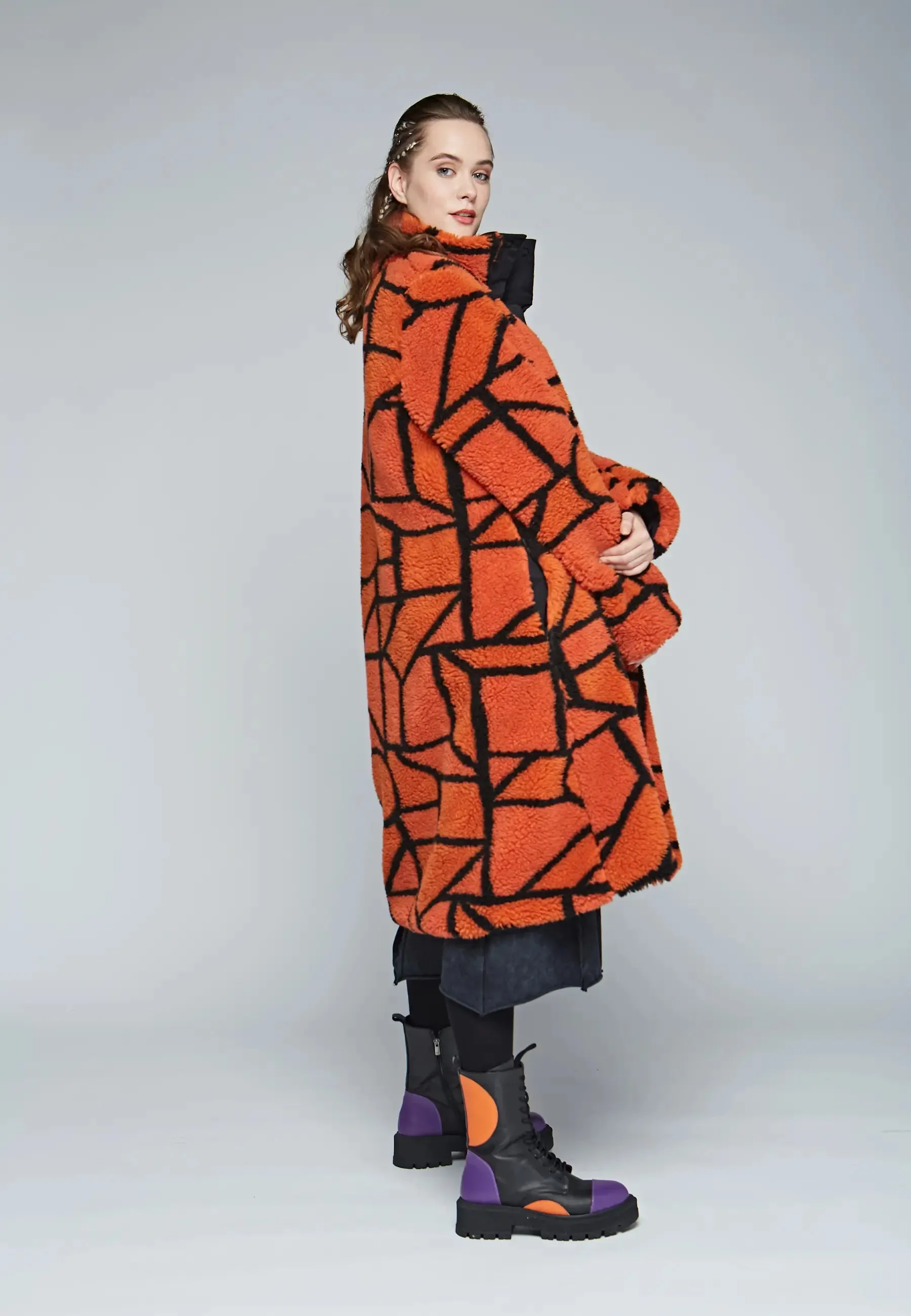 TWIST Long, printed, reversible teddy coat