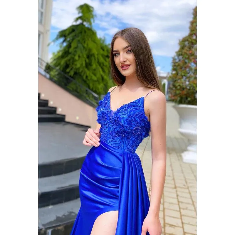 V-Neck Spaghetti Straps Appliqued Ruched Satin Sheath Long Prom Evening Dress