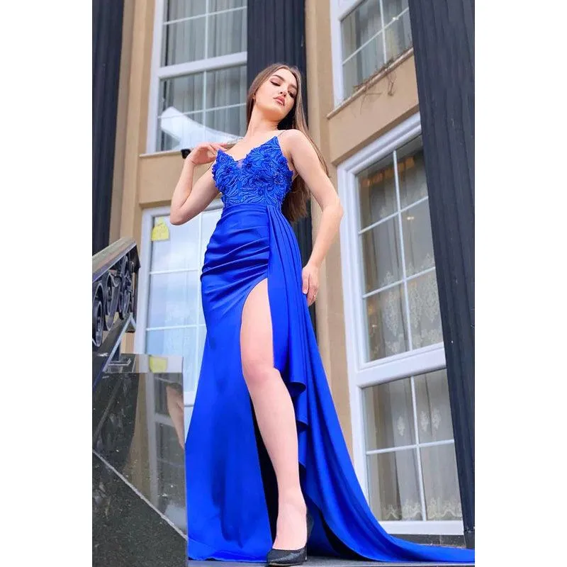 V-Neck Spaghetti Straps Appliqued Ruched Satin Sheath Long Prom Evening Dress