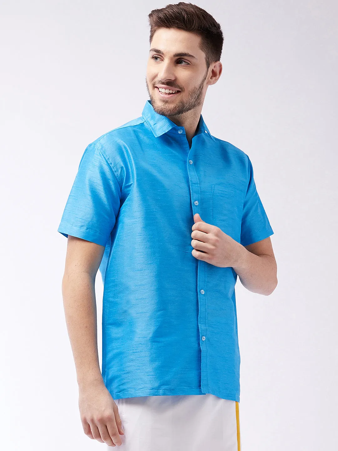 VASTRAMAY Men's Aqua Blue Silk Blend Ethnic Shirt