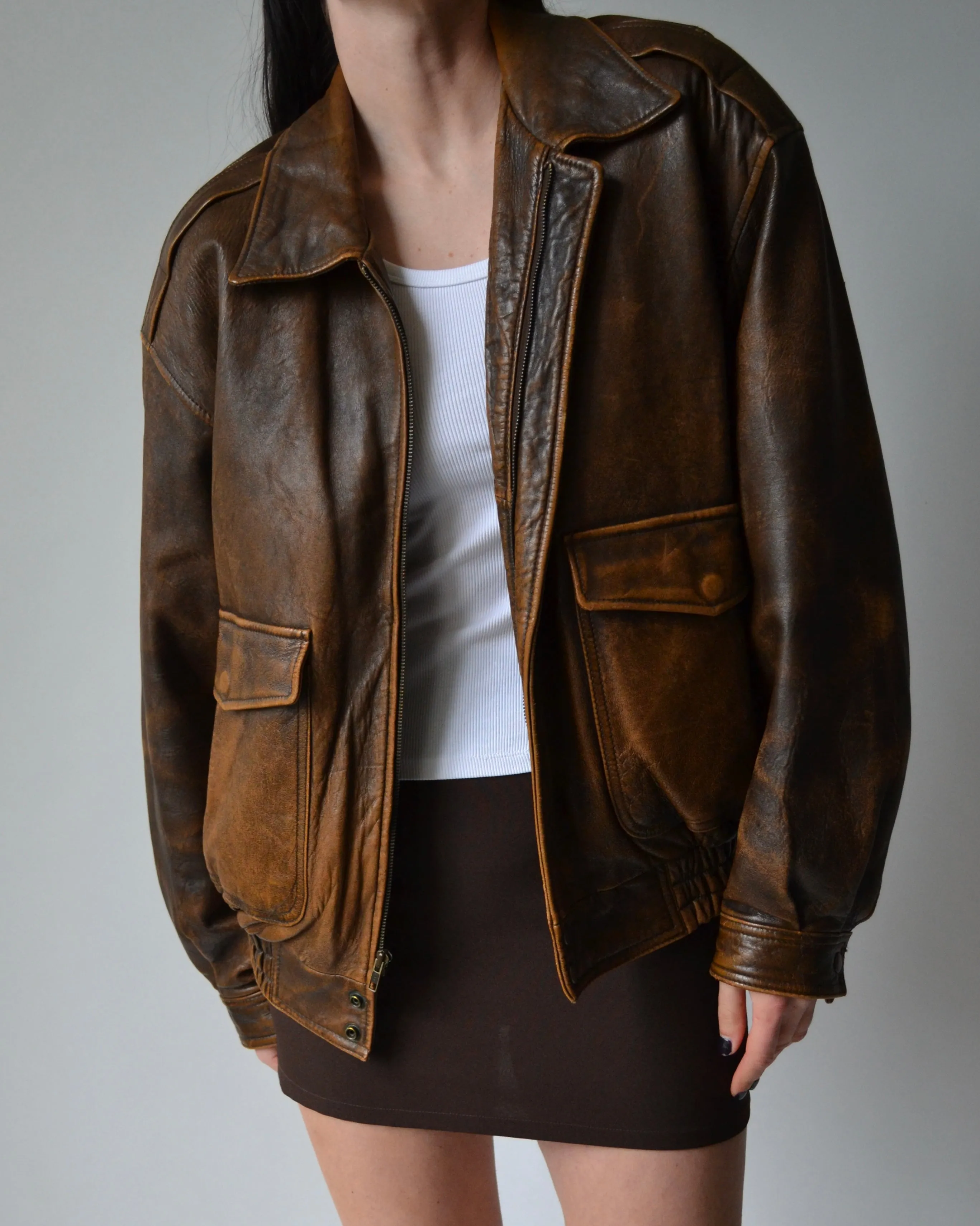 Vintage Brown Distressed Leather Bomber