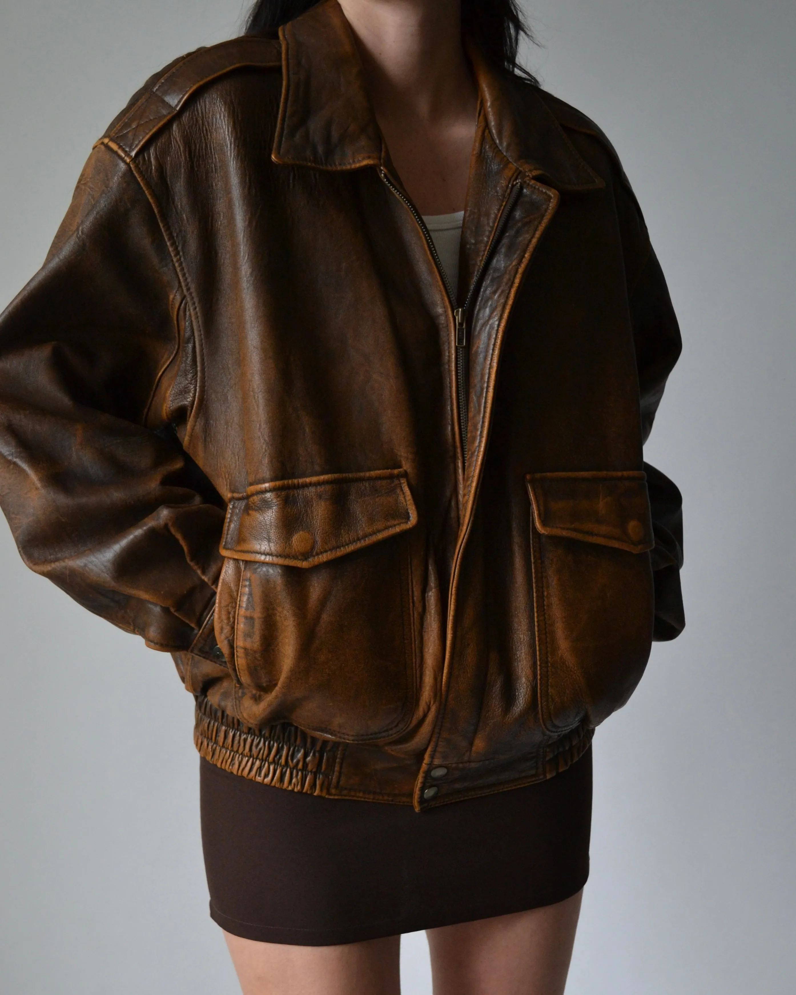 Vintage Brown Distressed Leather Bomber