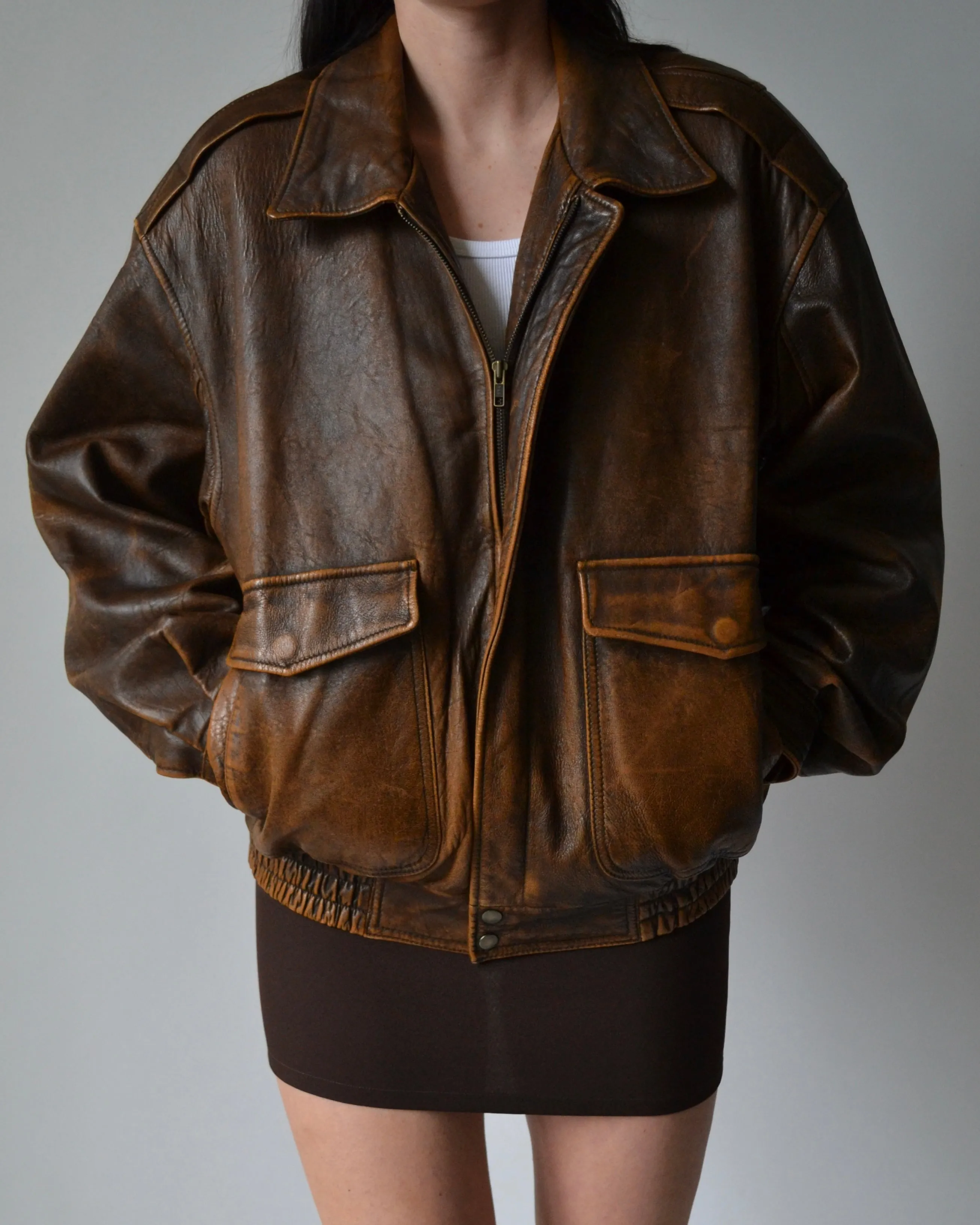 Vintage Brown Distressed Leather Bomber