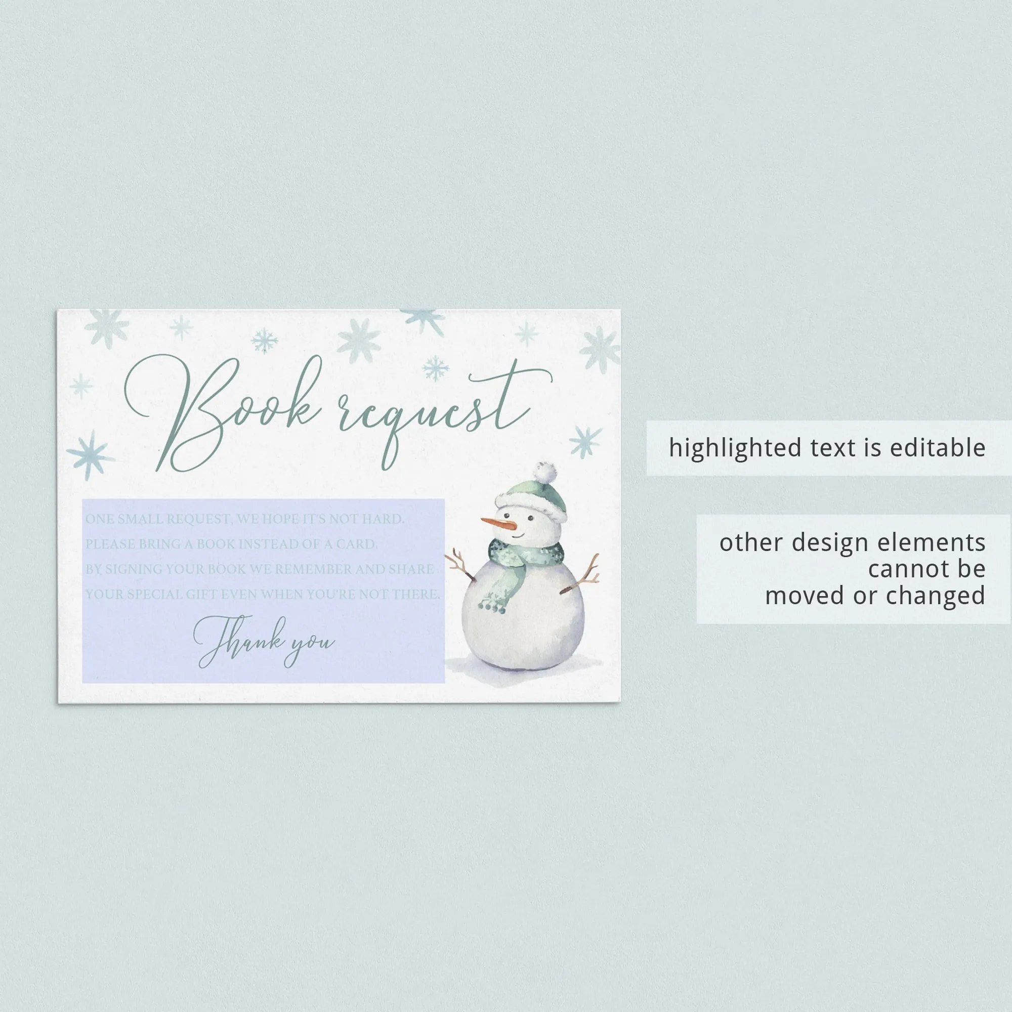 Winter Baby Shower Book Request Card Template with Snowmen