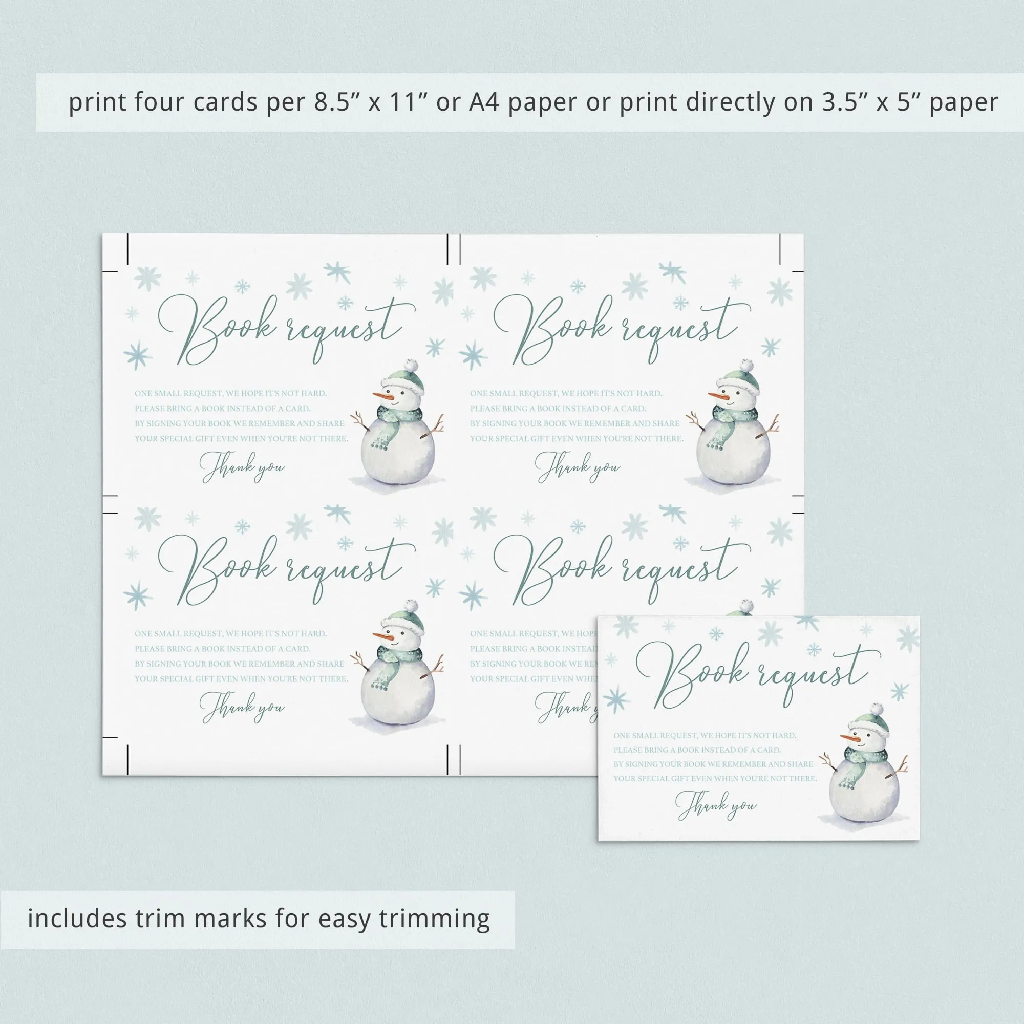 Winter Baby Shower Book Request Card Template with Snowmen