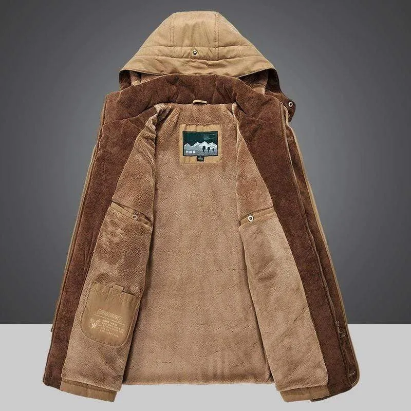 Winter coat with fur lining and removable hood for men
