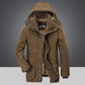 Winter coat with fur lining and removable hood for men