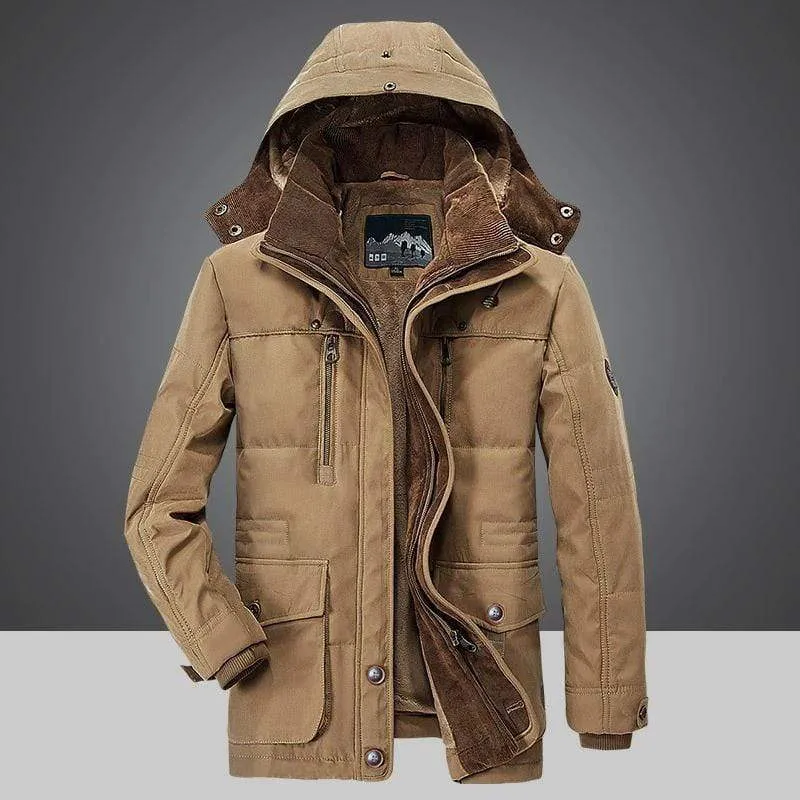 Winter coat with fur lining and removable hood for men